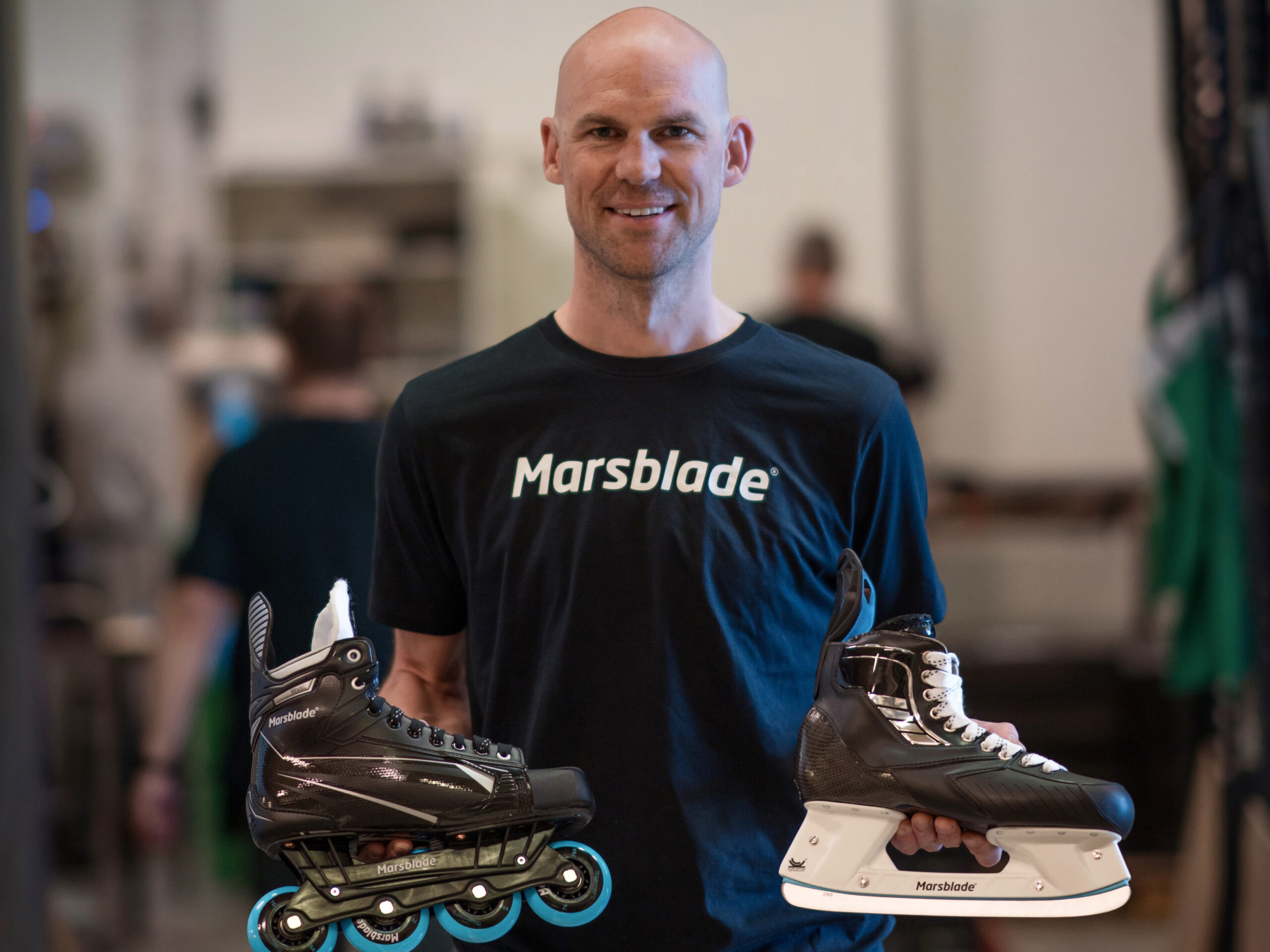 Founder and inventor Per Mårs with the Marsblade O1 and I1 skates.